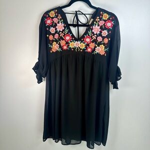 Savanna Jane Black Dress with Pink and Red Floral Embroidery Boho Midi
